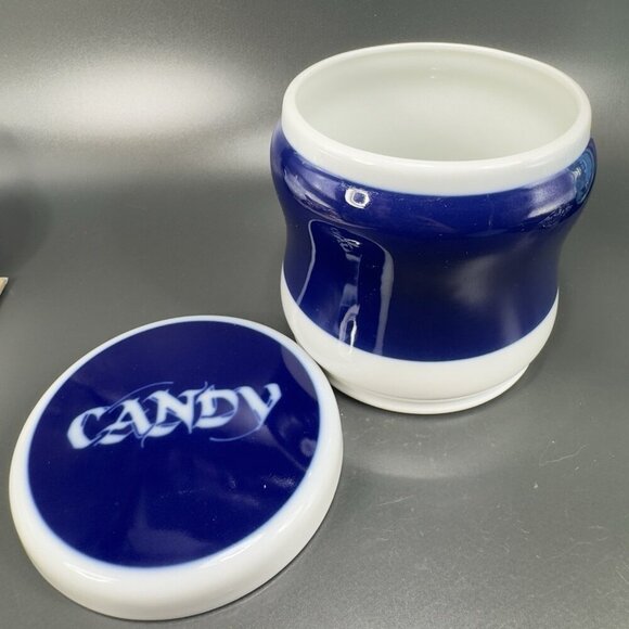 1970s Porsgrund Norway Porcelain Covered Candy Dish Jar Blue White Container VTG - Picture 7 of 11
